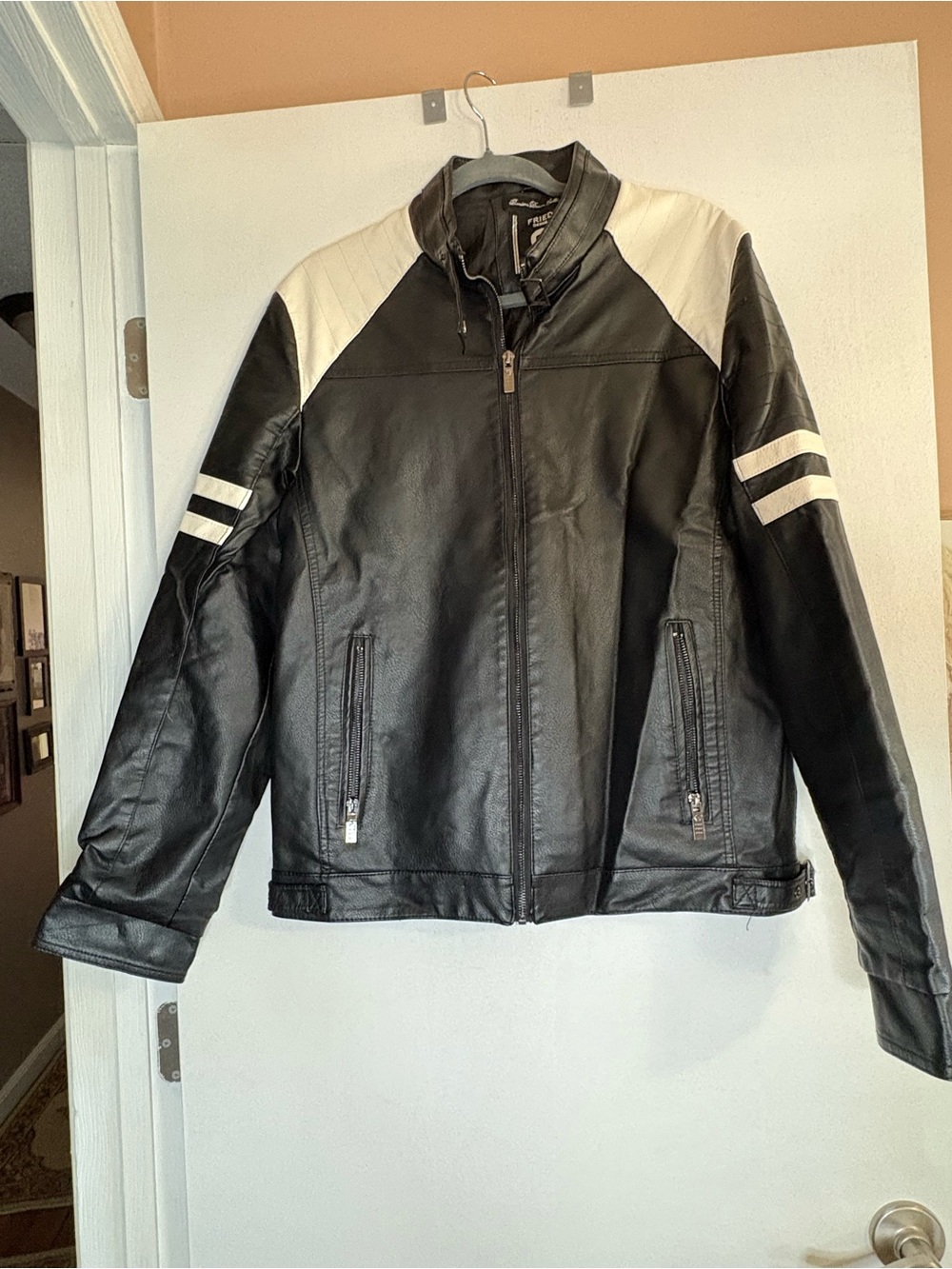 Men's Black Leather Performance Jacket with White Shoulder Panels